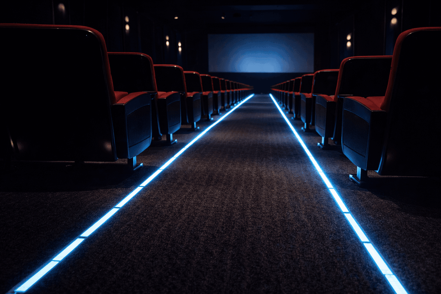 シアター内部の通路をLEDラインが導くイメージ