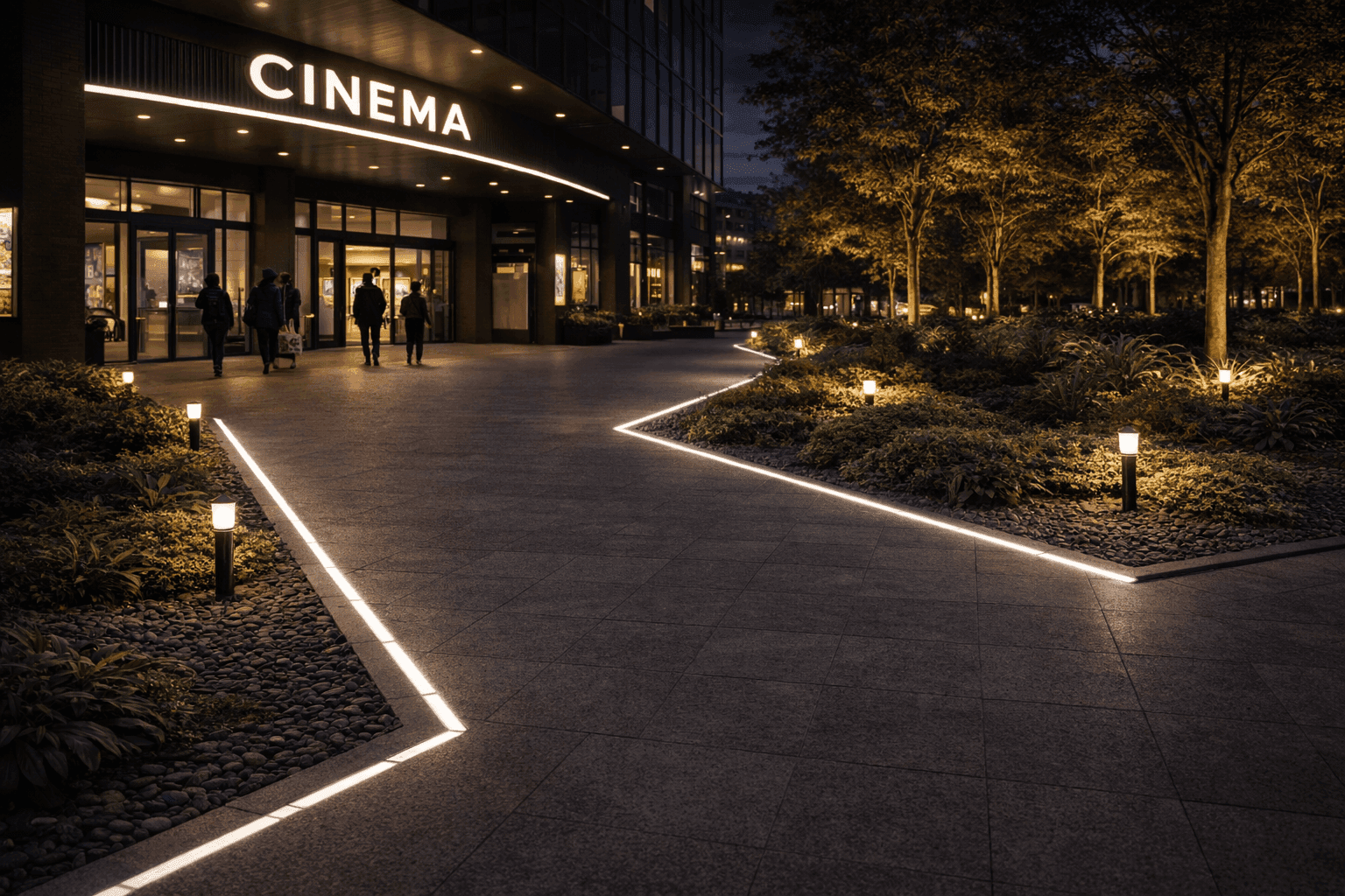 映画館前の導線をLEDラインが導く夜景